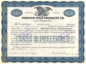 Premier Malt Products Co. - Stock Certificate